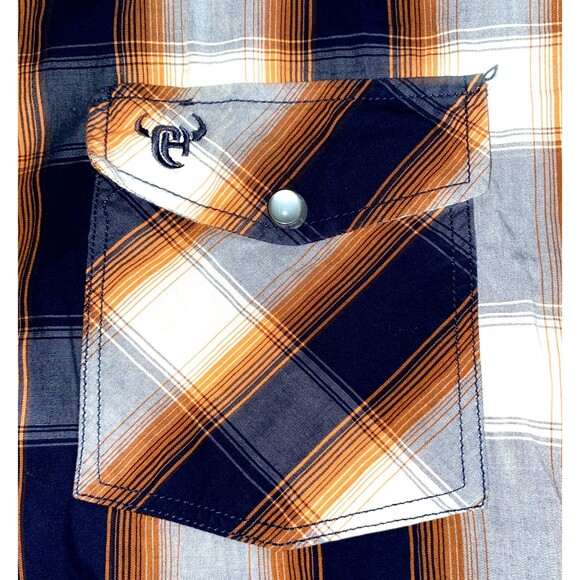 Cowboy Hardware Long Sleeve Button Front Pearl Snap Shirt Orange/Blue Plaid Med - Picture 3 of 9